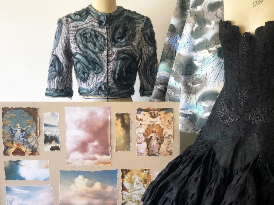 Haute couture piece embodying poetic cloud themes
