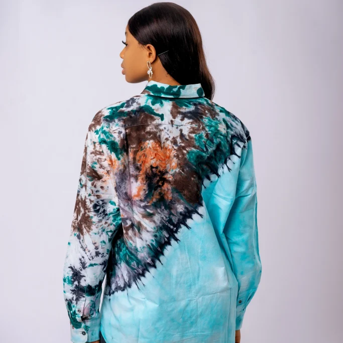 Jane’s Fashion luxury tie-and-dye women’s shirt, showcasing vibrant colors and African-inspired design.